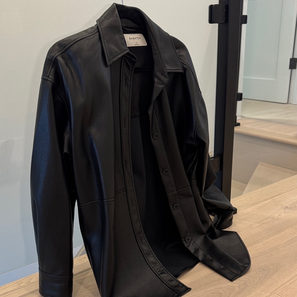 Babaton Black Leather Button Down Shirt